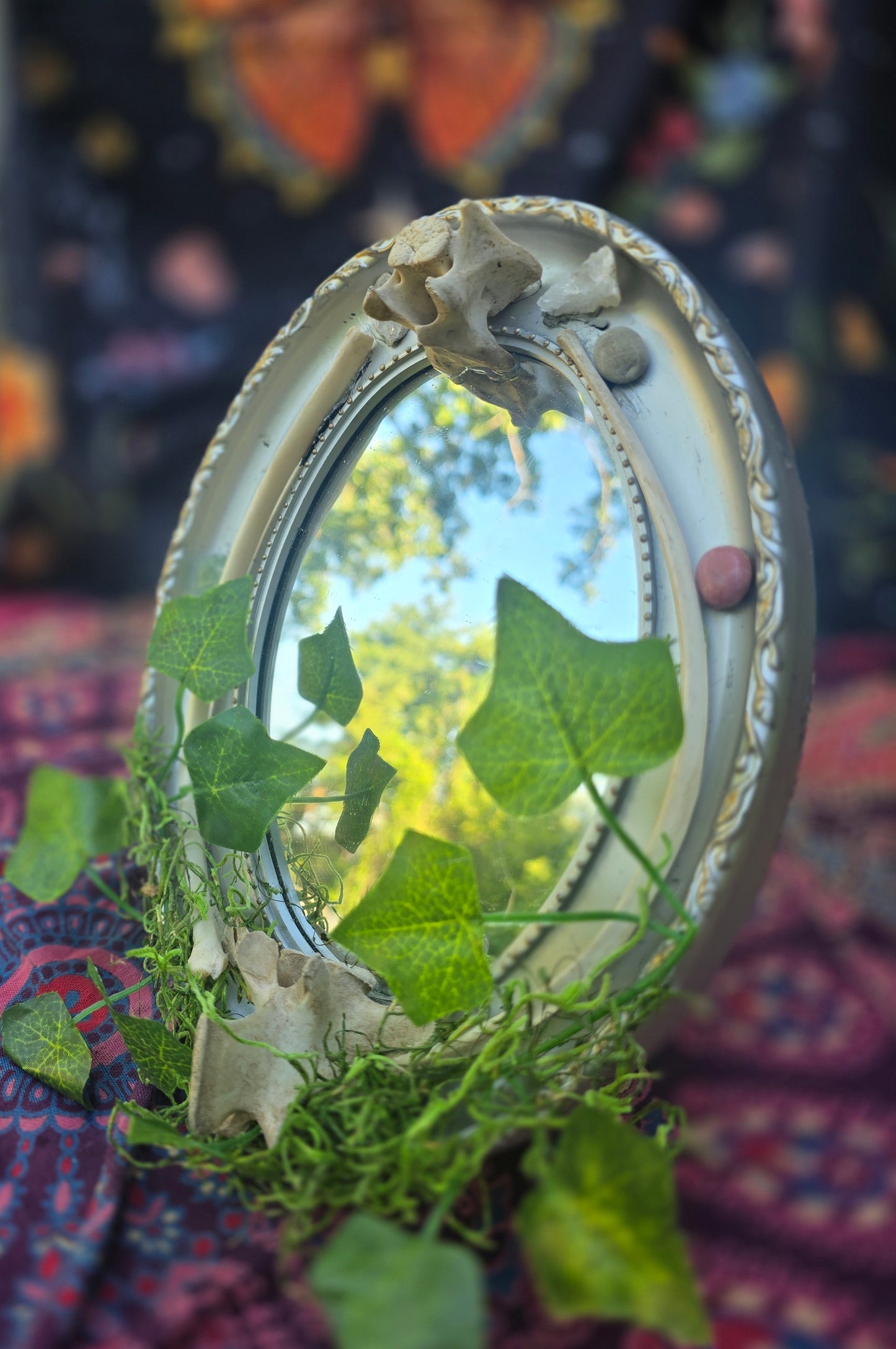 Desk mirror with deer vertebrae and ribs