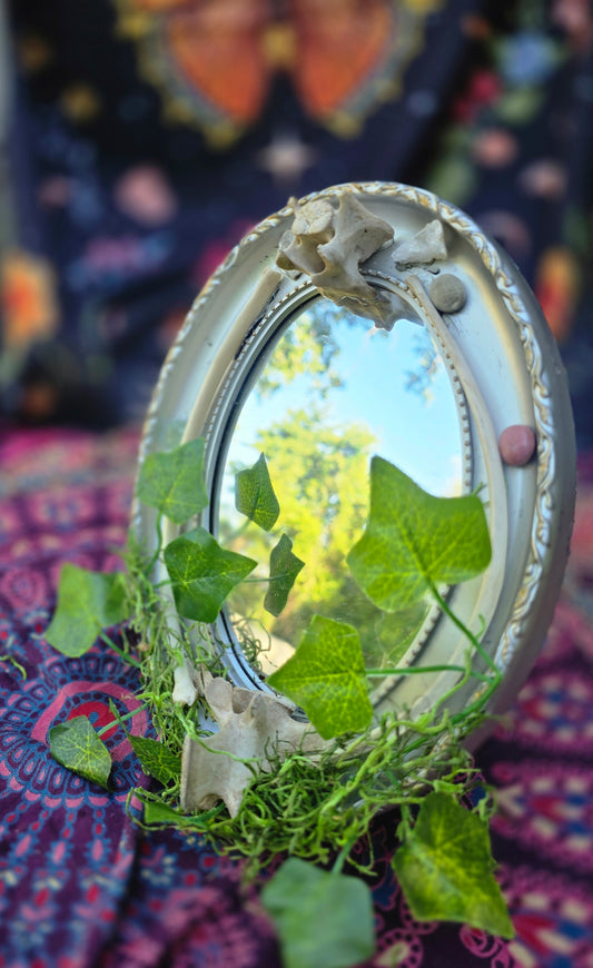 Desk mirror with deer vertebrae and ribs
